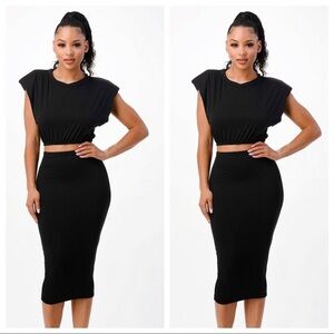 WOMEN’S BLACK SHOULDER PAD SLEEVELESS CROP TOP & MIDI CALF SKIRT MATCHING SET